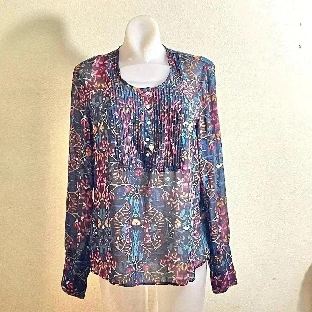 Converse One Star Size L Blue Floral Blouse Popover Shirt Top Semi Sheer